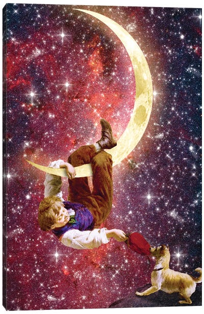 Playing On The Moon Canvas Art Print - Crescent Moon Art