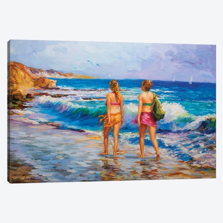 Two Girls Walking On The Beach Canvas Print #DVI100} by Leon Devenice Canvas Wall Art