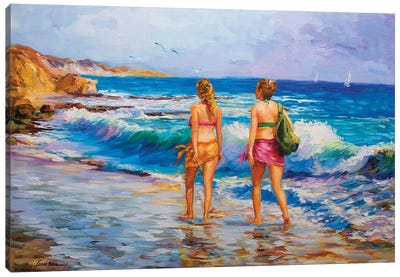 Two Girls Walking On The Beach Canvas Art Print - Leon Devenice