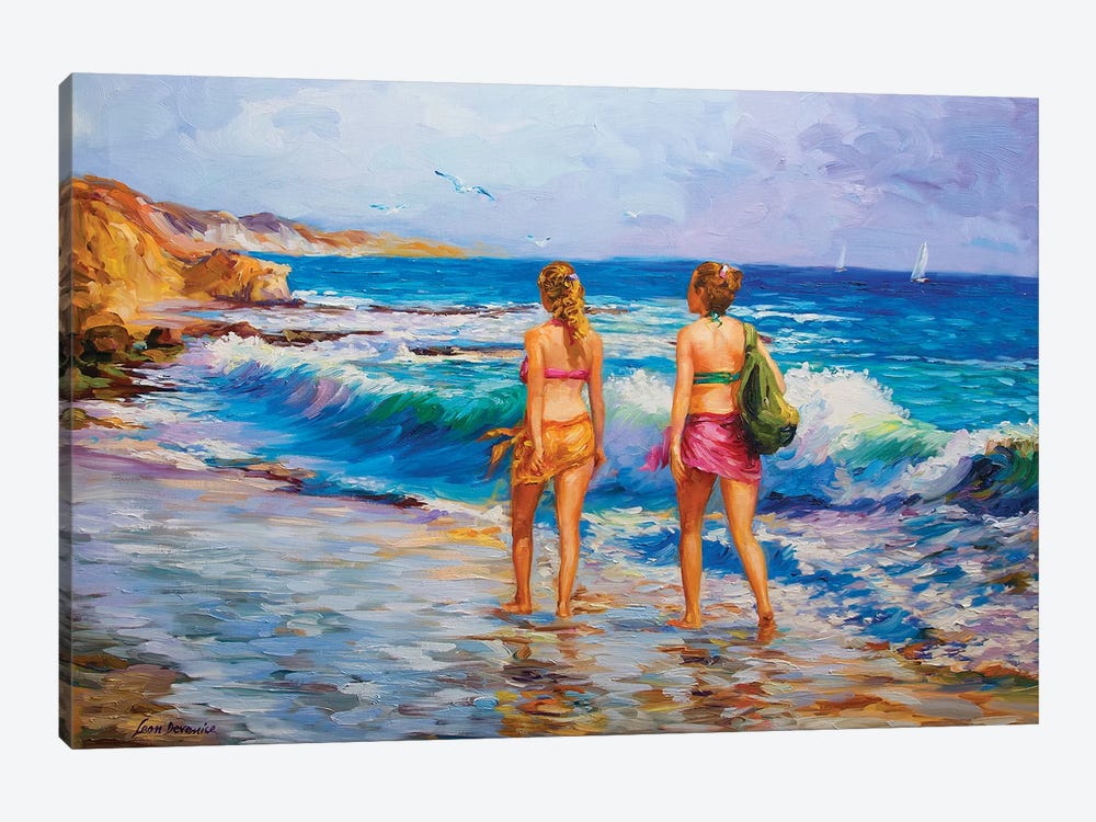 Two Girls Walking On The Beach by Leon Devenice 1-piece Canvas Wall Art