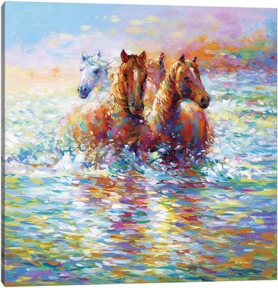 Horses Crossing The River Canvas Art Print - Kids Animal Art
