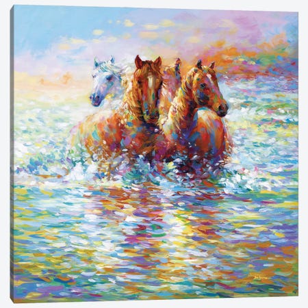 Horses Crossing The River Canvas Print #DVI225} by Leon Devenice Canvas Wall Art