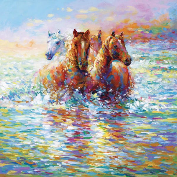 Leon Devenice: Horses Crossing The River by Leon Devenice