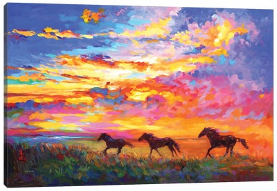 Wild Horses Running At Sunset Canvas Art Print - Sunrise & Sunset Art
