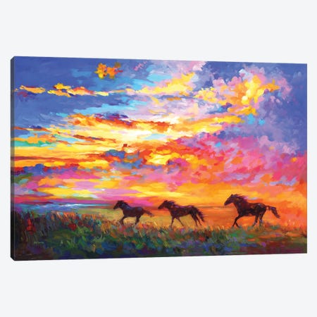 Wild Horses Running At Sunset Canvas Print #DVI253} by Leon Devenice Canvas Art