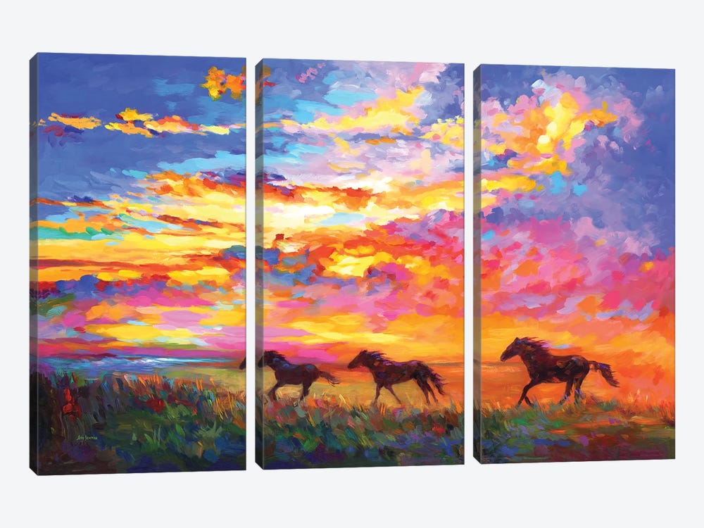 Wild Horses Running At Sunset by Leon Devenice 3-piece Canvas Wall Art