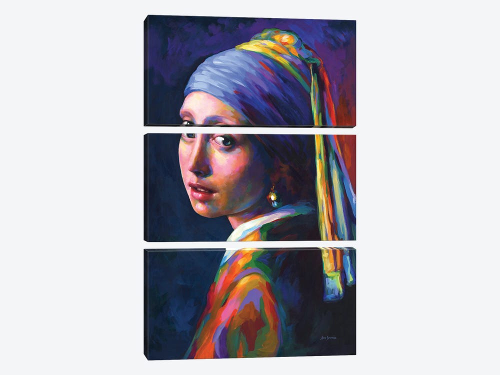 Girl With A Pearl Earring ,A Homage To Vermeer by Leon Devenice 3-piece Canvas Artwork
