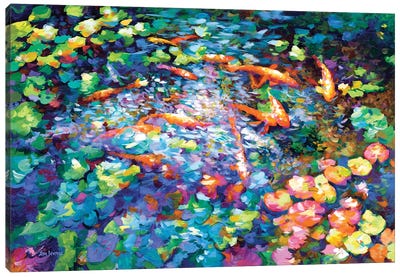 Koi Fish And Water Lilies II Canvas Art Print - Colorful Art