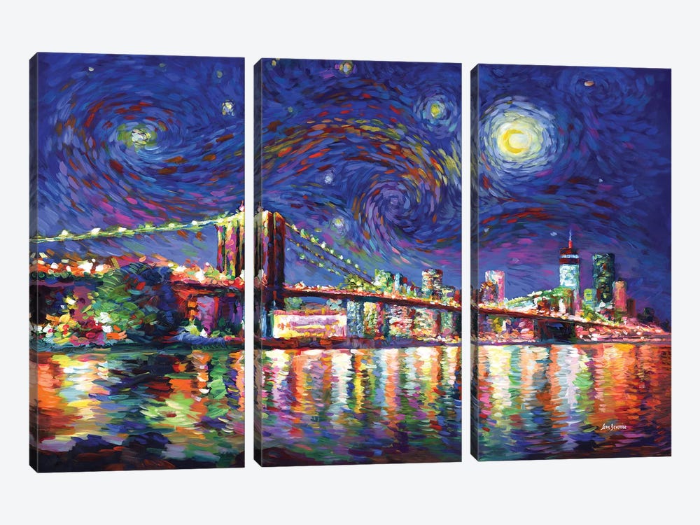 Van Gogh Would've Loved The Brooklyn Bridge by Leon Devenice 3-piece Canvas Print