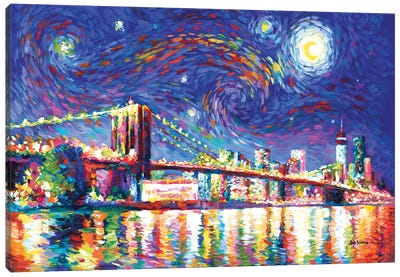 Brooklyn Bridge Starry Night Canvas Art Print - Brooklyn Bridge