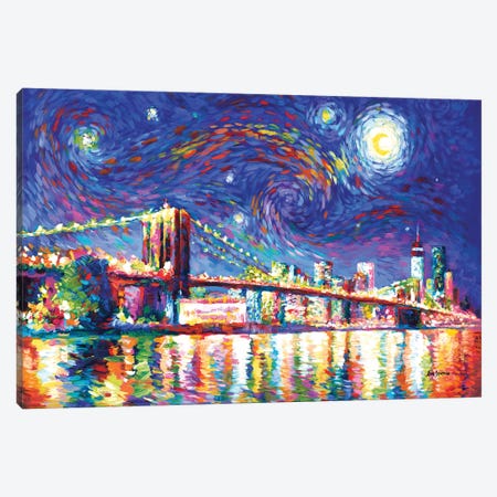Brooklyn Bridge Starry Night Canvas Print #DVI330} by Leon Devenice Canvas Art Print