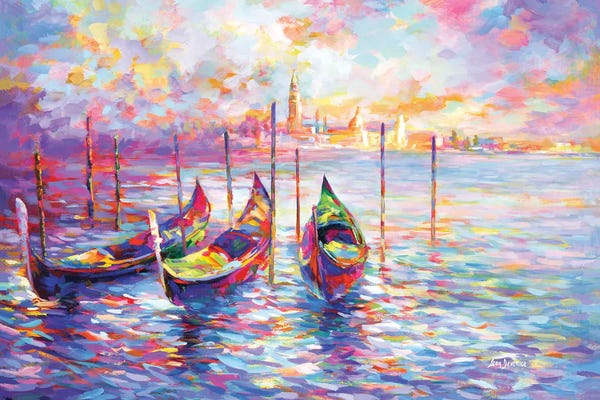 Leon Devenice: Gondolas On Grand Canal And San Giorgio Maggiore Church In Venice, Italy by Leon Devenice
