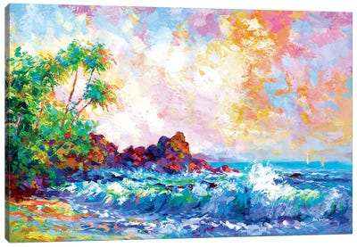 Beach Waves And Palm Trees In Honolulu, Hawaii Canvas Art Print - Beach Sunrise & Sunset Art