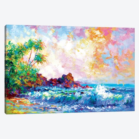 Beach Waves And Palm Trees In Honolulu, Hawaii Canvas Print #DVI351} by Leon Devenice Canvas Art Print