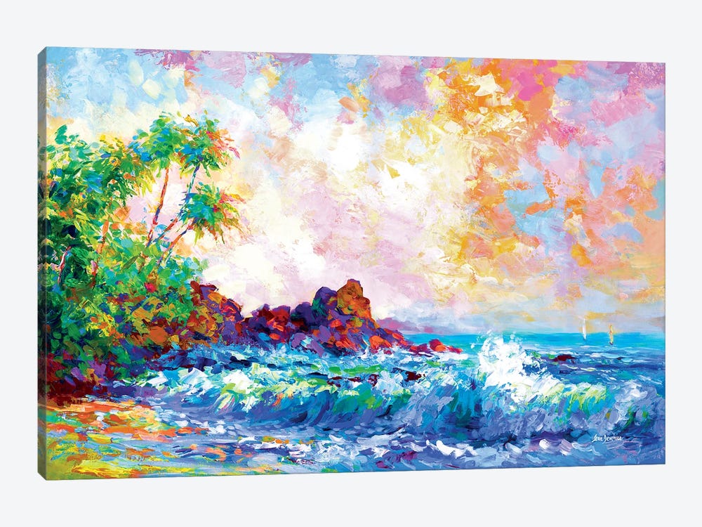Beach Waves And Palm Trees In Honolulu, Hawaii by Leon Devenice 1-piece Art Print