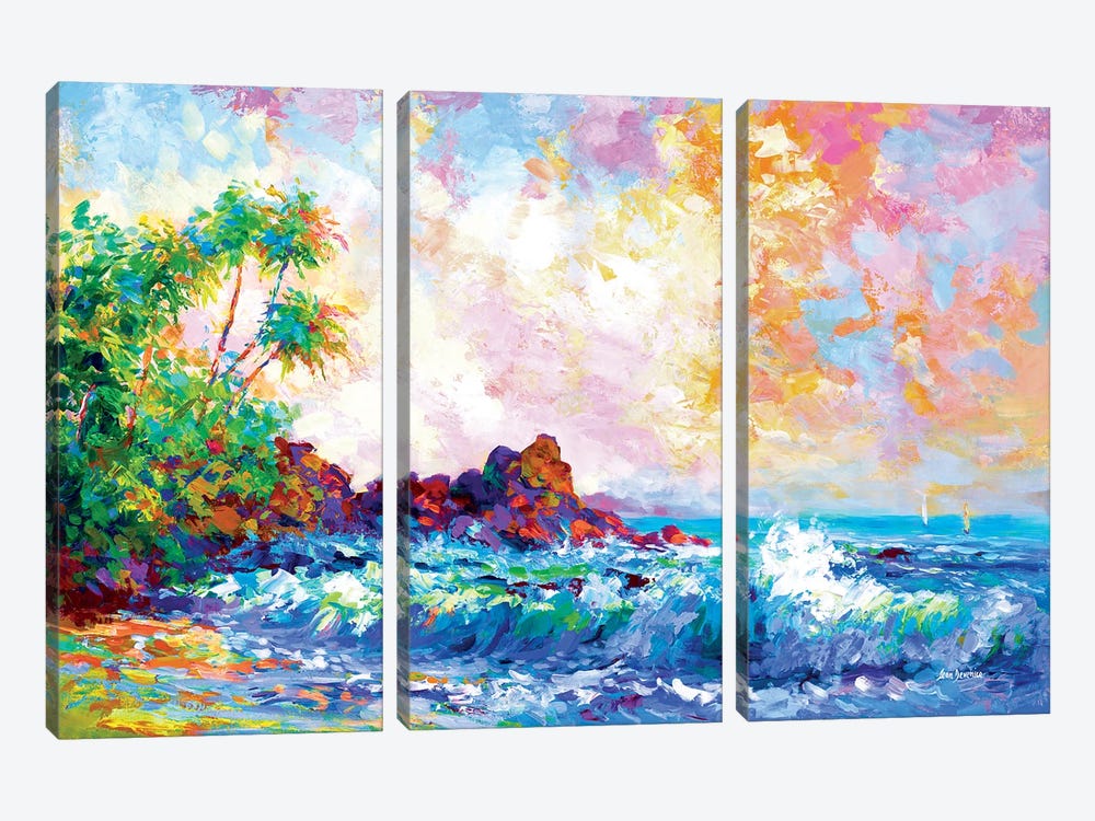 Beach Waves And Palm Trees In Honolulu, Hawaii by Leon Devenice 3-piece Art Print