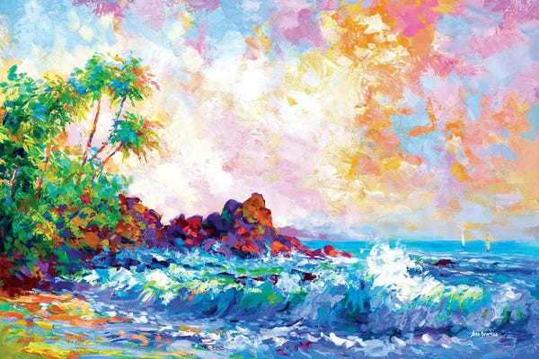 Large Coastal Art - Canvas Prints: Beach Waves And Palm Trees In Honolulu, Hawaii by Leon Devenice