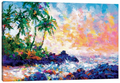 Waves On A Tropical Beach With Palm Trees In Maui, Hawaii Canvas Art Print - Sunrise & Sunset Art