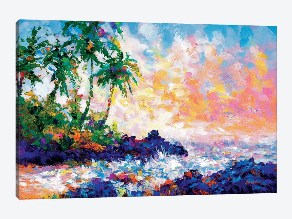 Waves On A Tropical Beach With Palm Trees In Maui, Hawaii by Leon Devenice 1-piece Canvas Artwork