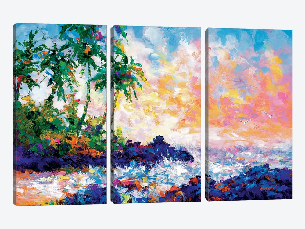 Waves On A Tropical Beach With Palm Trees In Maui, Hawaii by Leon Devenice 3-piece Canvas Art