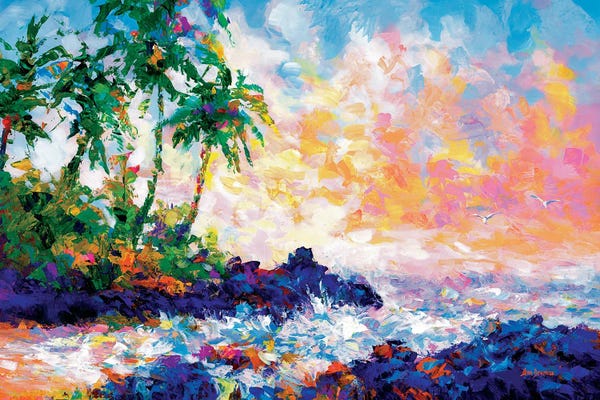 Leon Devenice: Waves On A Tropical Beach With Palm Trees In Maui, Hawaii by Leon Devenice