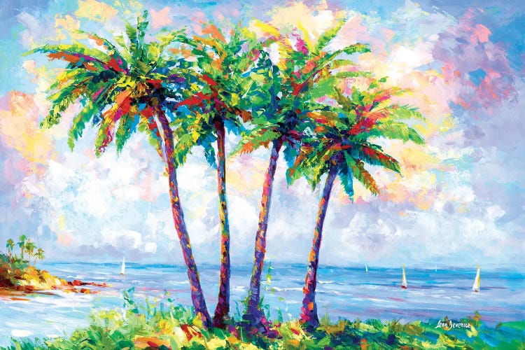 Tropical Beach With Palm Trees In Oahu, Hawaii by Leon Devenice wall art