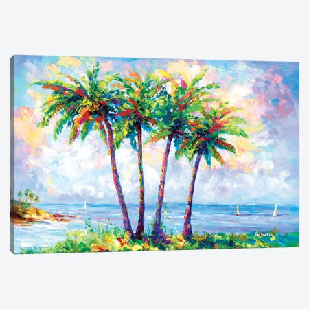 Tropical Beach With Palm Trees In Oahu, Hawaii Canvas Print #DVI353} by Leon Devenice Canvas Art Print