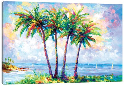 Tropical Beach With Palm Trees In Oahu, Hawaii Canvas Art Print - Leon Devenice