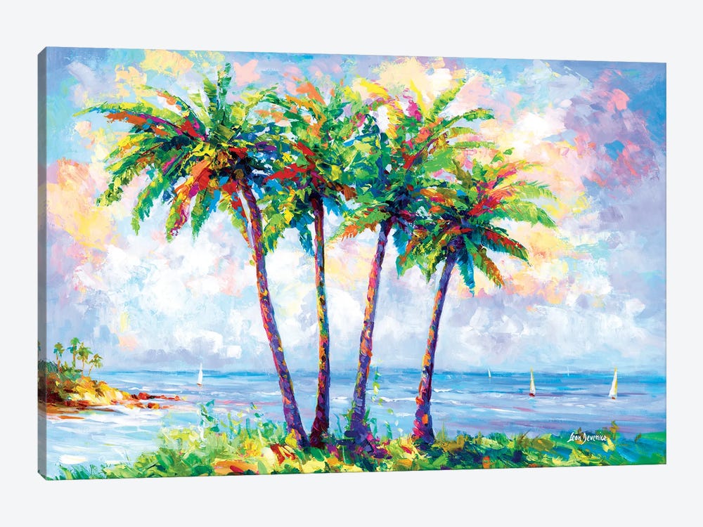 Tropical Beach With Palm Trees In Oahu, Hawaii by Leon Devenice 1-piece Canvas Print
