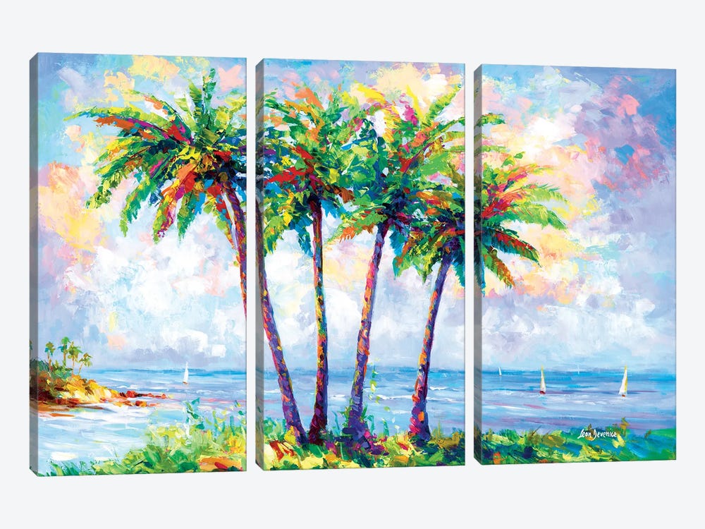 Tropical Beach With Palm Trees In Oahu, Hawaii by Leon Devenice 3-piece Canvas Art Print