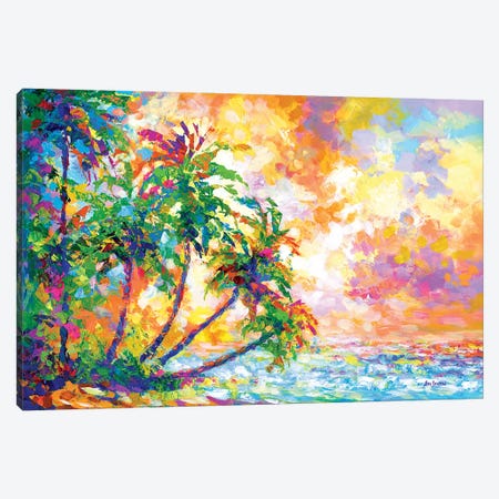 Sunset Beach With Tropical Palm Trees In Kauai, Hawaii Canvas Print #DVI354} by Leon Devenice Canvas Art