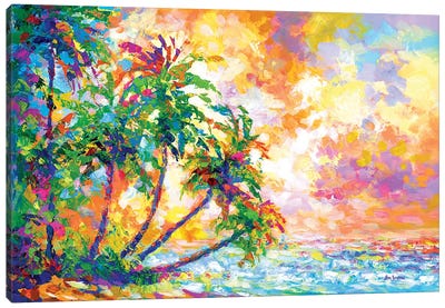 Sunset Beach With Tropical Palm Trees In Kauai, Hawaii Canvas Art Print - Lake & Ocean Sunrise & Sunset Art
