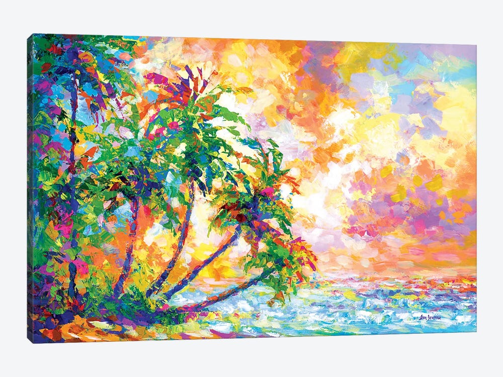 Sunset Beach With Tropical Palm Trees In Kauai, Hawaii by Leon Devenice 1-piece Canvas Wall Art