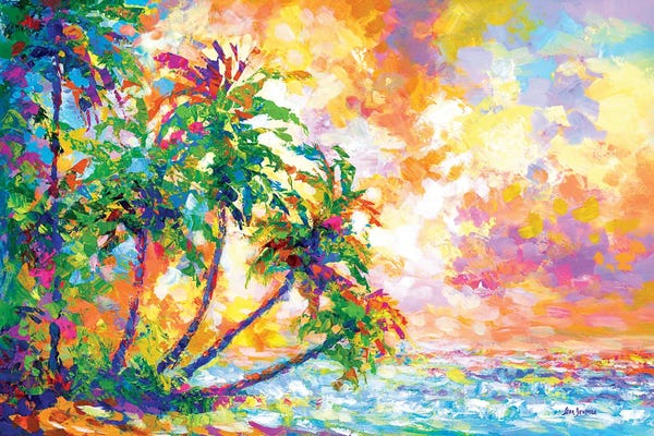 Large Coastal Art - Canvas Prints: Sunset Beach With Tropical Palm Trees In Kauai, Hawaii by Leon Devenice
