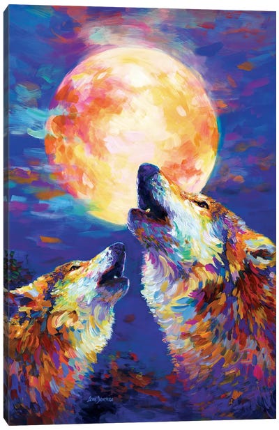 Wolves Howling At The Full Moon Canvas Art Print - Moon Art