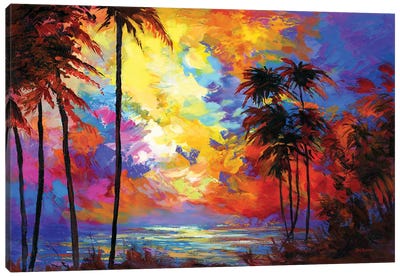 Sunset Beach With Tropical Palm Trees In Maui, Hawaii Canvas Art Print - Palm Tree Art