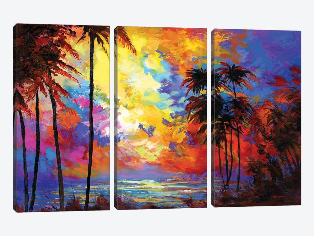 Sunset Beach With Tropical Palm Trees In Maui, Hawaii by Leon Devenice 3-piece Canvas Art Print