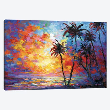 Sunset Beach With Tropical Palm Trees In Waikiki, Hawaii Canvas Print #DVI374} by Leon Devenice Canvas Art