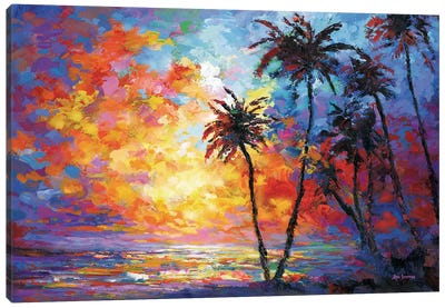 Sunset Beach With Tropical Palm Trees In Waikiki, Hawaii Canvas Art Print - Honolulu Art