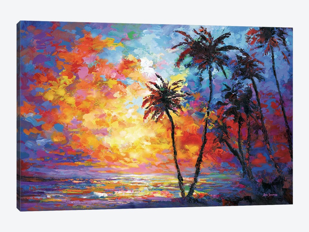 Sunset Beach With Tropical Palm Trees In Waikiki, Hawaii by Leon Devenice 1-piece Canvas Artwork