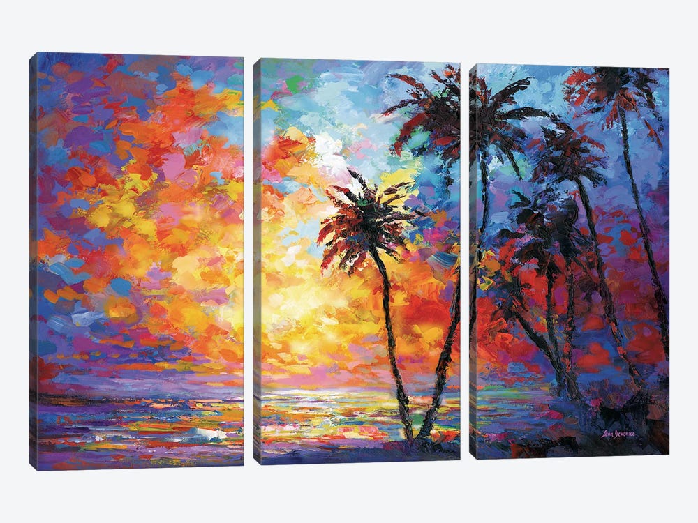 Sunset Beach With Tropical Palm Trees In Waikiki, Hawaii by Leon Devenice 3-piece Canvas Wall Art
