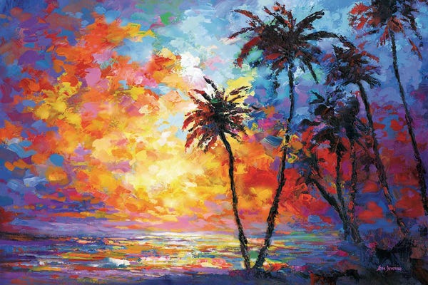 Fine Art Print: Sunset Beach With Tropical Palm Trees In Waikiki, Hawaii by Leon Devenice