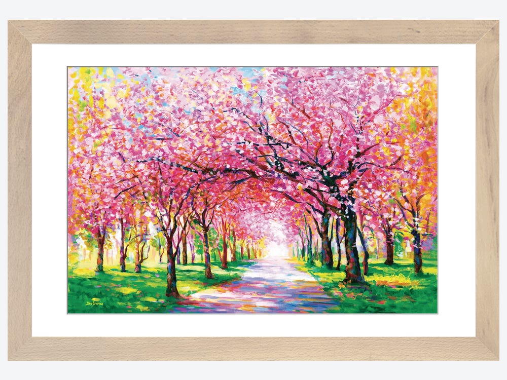 Framed Print Natural Wood Frame Medium 24×16, Simple Cherry Blossom Tree  Painting