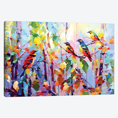Colorful Birds Chirping Canvas Print #DVI436} by Leon Devenice Art Print