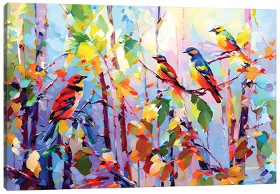 Colorful Birds Chirping Canvas Art Print - Leon Devenice