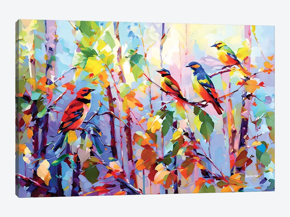 Colorful Birds Chirping by Leon Devenice 1-piece Canvas Art Print