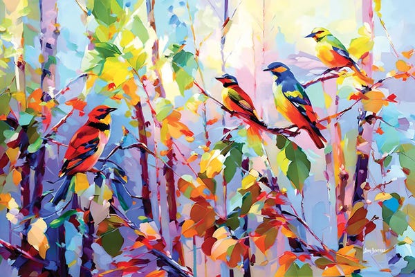 Leon Devenice: Colorful Birds Chirping by Leon Devenice