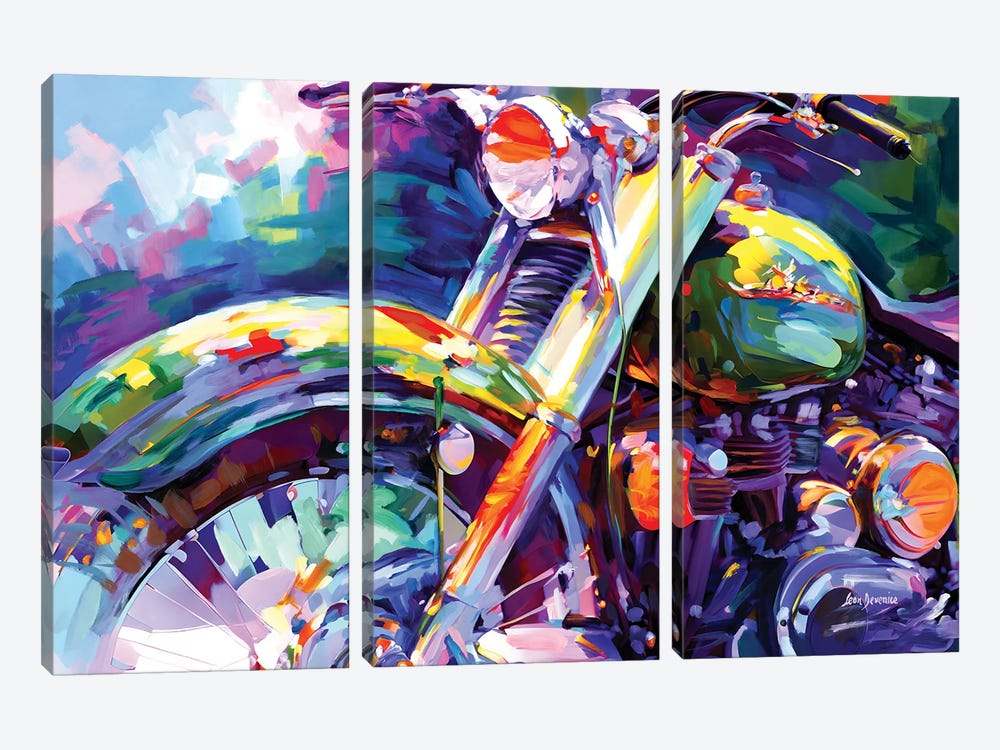 Colorful Vintage Motorcycle by Leon Devenice 3-piece Canvas Art