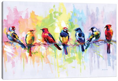 Seven Colorful Birds Canvas Art Print - Birds On A Wire