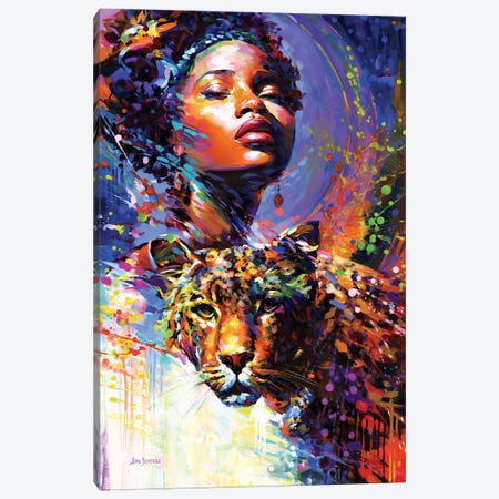 African Beauty And The Leopard'S Gaze Canvas Print #DVI446} by Leon Devenice Canvas Wall Art